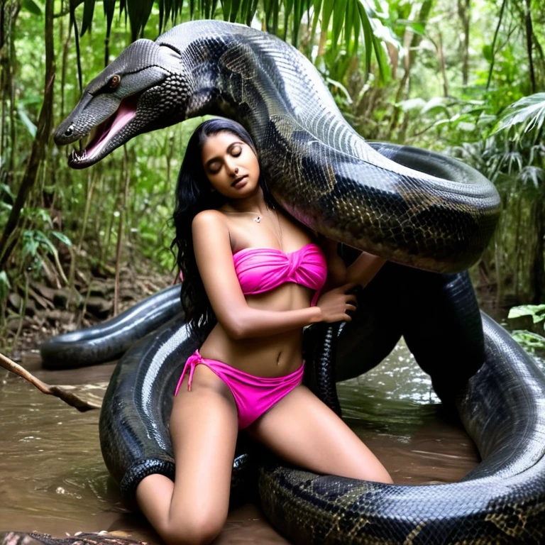 Topless pink bikini wearing aroused horny beautiful happy indian girl vs Giant black anaconda monster wrapped around her body squeezing her in coiled embrace cuddling and kissing sexual erotic bestiality sex realistic in the rainforest full body, best quality wet