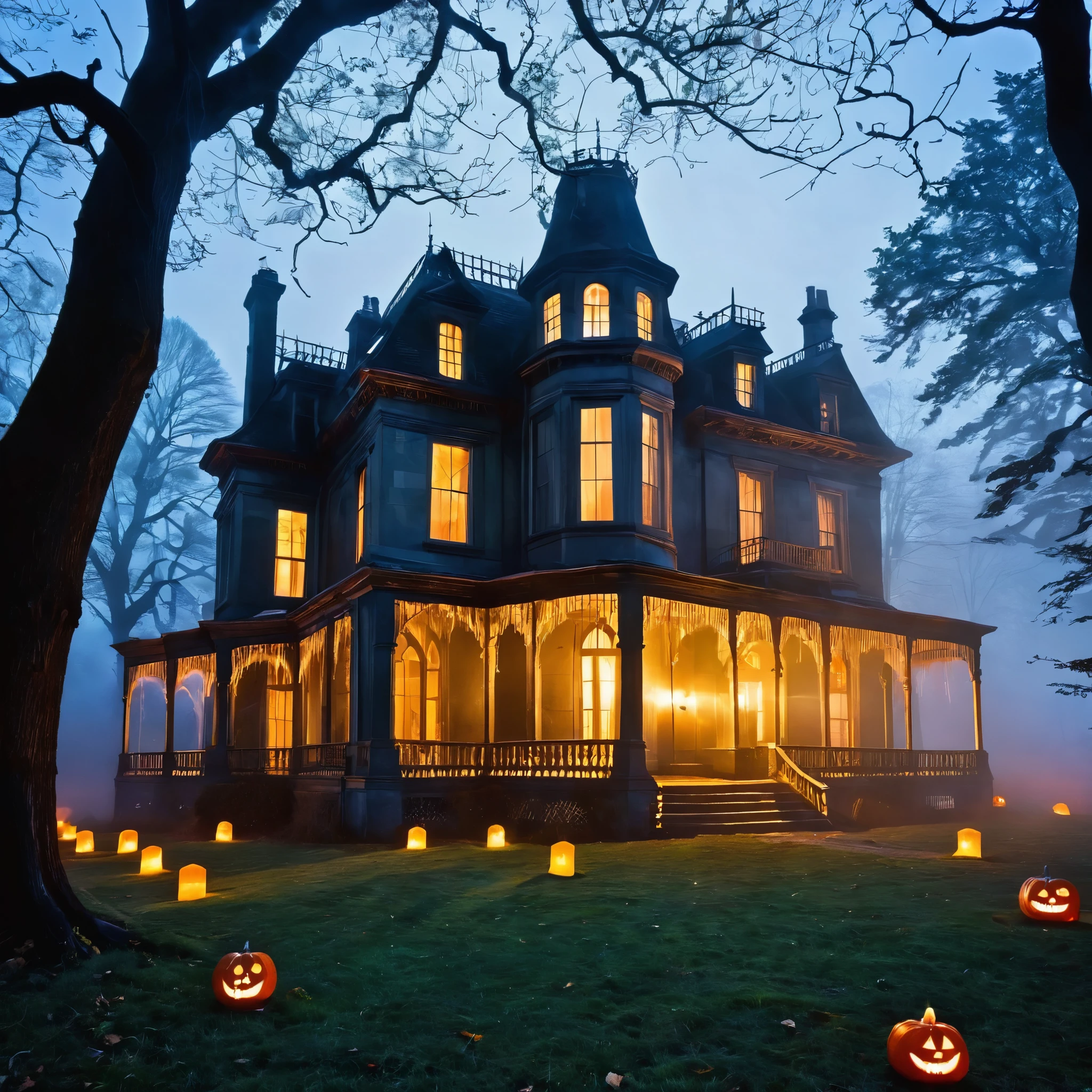 Create a spooky Halloween scene featuring an old, decrepit mansion shrouded in mist. Illuminate it with eerie, flickering candles in the windows. Add ghostly figures drifting around the mansion's grounds.