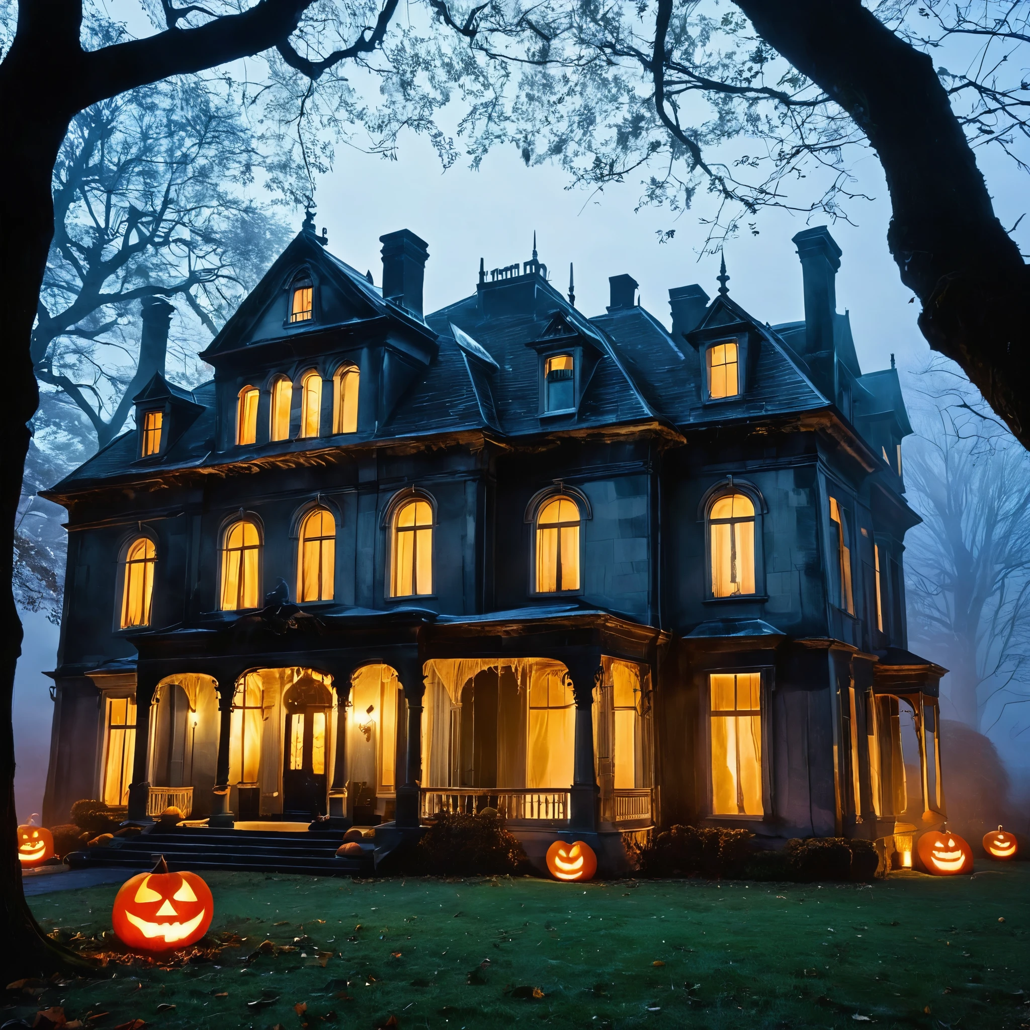 Create a spooky Halloween scene featuring an old, decrepit mansion shrouded in mist. Illuminate it with eerie, flickering candles in the windows. Add ghostly figures drifting around the mansion's grounds.