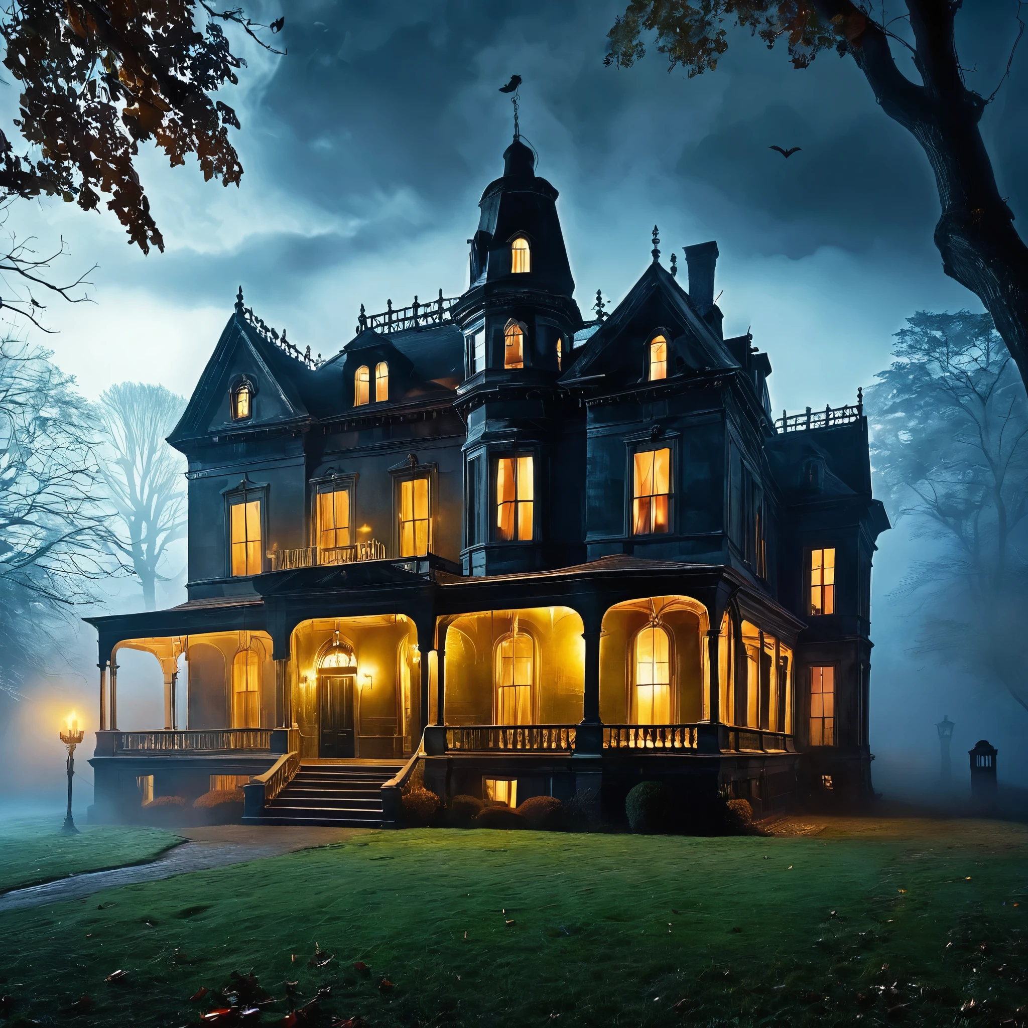 Create a spooky Halloween scene featuring an old, decrepit mansion shrouded in mist. Illuminate it with eerie, flickering candles in the windows. Add ghostly figures drifting around the mansion's grounds.