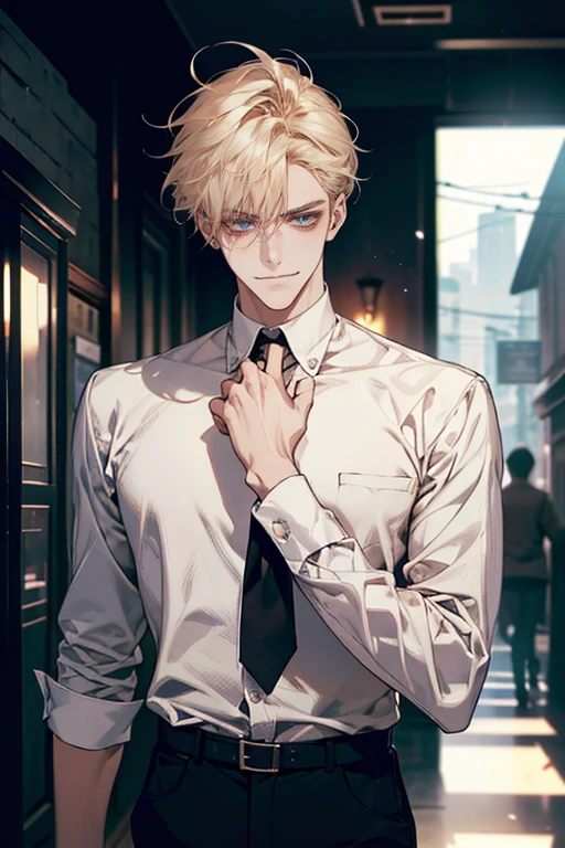 (tmasterpiece, high resolution, ultra - detailed:1.0), (1 boy, Young male, masculine face), Perfect male body, tall and strong, Adult male, Delicate eyes and delicate face, Extremely detailed CG, Unity 8k wallpaper, Complicated details, Detailed face, (blond hair, messy hair, serious faces, white shirts,Bad students), (frown,evil smile:1.3), stad in school corridor, street style, color difference, Depth of field, dramatic shadow, Ray tracing, Best quality, Cinematic lighting, offcial art,Portrait