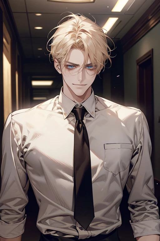 (tmasterpiece, high resolution, ultra - detailed:1.0), (1 boy, Young male, masculine face), Perfect male body, tall and strong, Adult male, Delicate eyes and delicate face, Extremely detailed CG, Unity 8k wallpaper, Complicated details, Detailed face, (blond hair, messy hair, serious faces, white shirts,Bad students), (frown,evil smile:1.3), stad in school corridor, street style, color difference, Depth of field, dramatic shadow, Ray tracing, Best quality, Cinematic lighting, offcial art,Portrait
