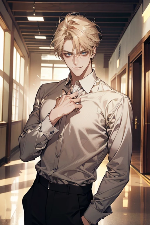 (tmasterpiece, high resolution, ultra - detailed:1.0), (1 boy, Young male, masculine face), Perfect male body, tall and strong, Adult male, Delicate eyes and delicate face, Extremely detailed CG, Unity 8k wallpaper, Complicated details, Detailed face, (blond hair, messy hair, serious faces, white shirts,Bad students), (frown,evil smile:1.3), stad in school corridor, street style, color difference, Depth of field, dramatic shadow, Ray tracing, Best quality, Cinematic lighting, offcial art,Portrait
