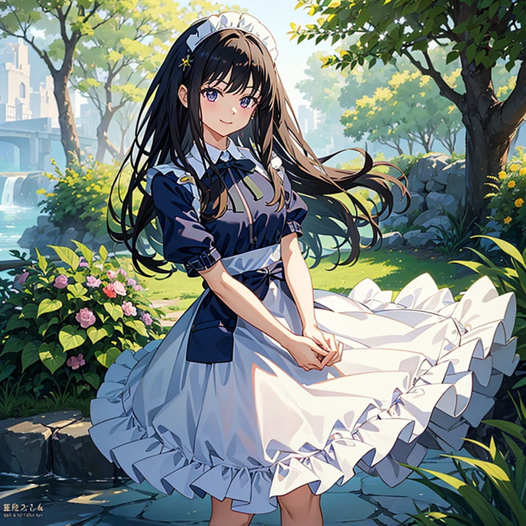 masterpiece, best quality, highres, aatakina, long hair, black hair, maid, maid headdress, smile, skirt hold, garden,