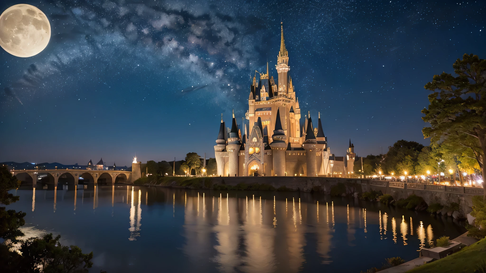 Highest quality,Fantastic landscape、Cinderella Castle、night、Starry Sky、moon