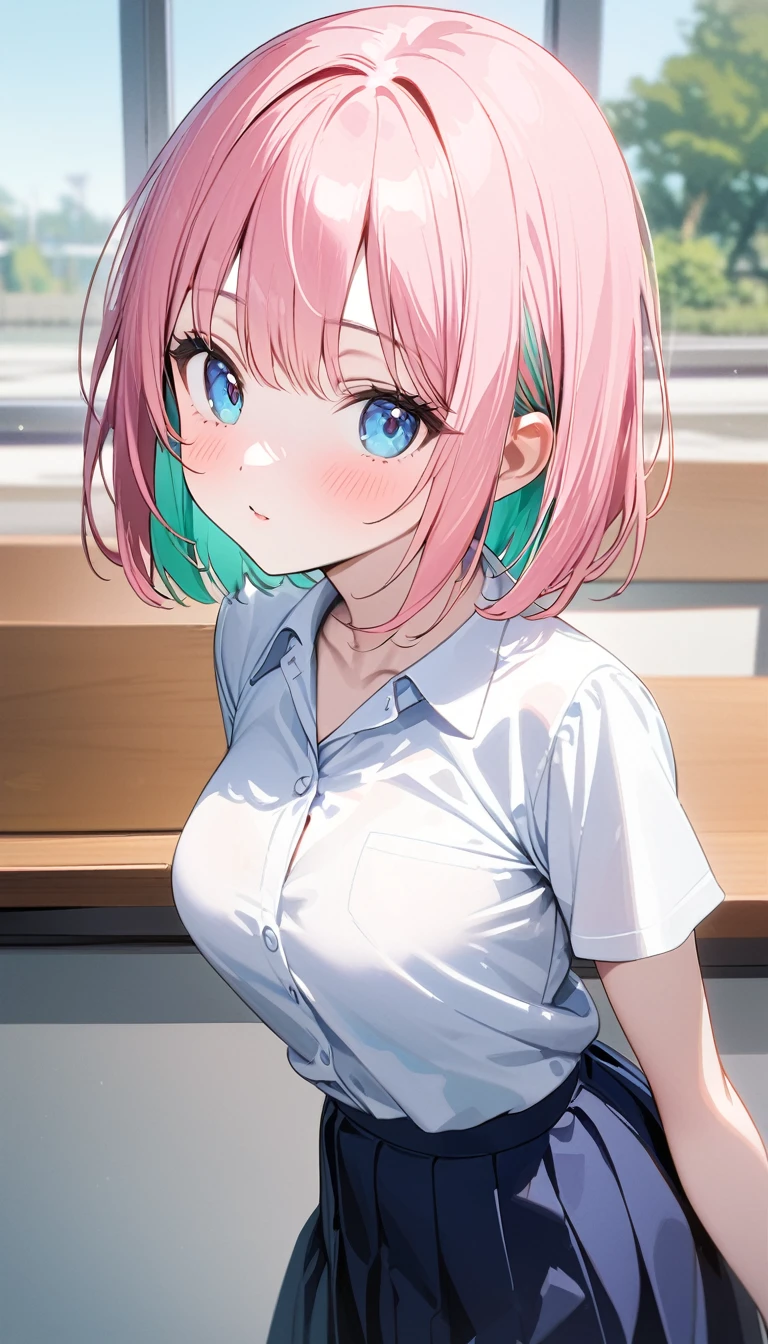 (1 girl),(Best Picture Quality, 8K, Masterpiece:1.3), (high school student:1.5), (pink lob hair:1.1), [mintgreen hair:0.1], (bob cut), (slant skyblue eyes), ((school uniform, white short simple sleeve shirt, darkblue skirt)), (super clear:1.5), (glistening skin:1.1),(pale skin:1.2), (standard weight), (medium breasts), close up