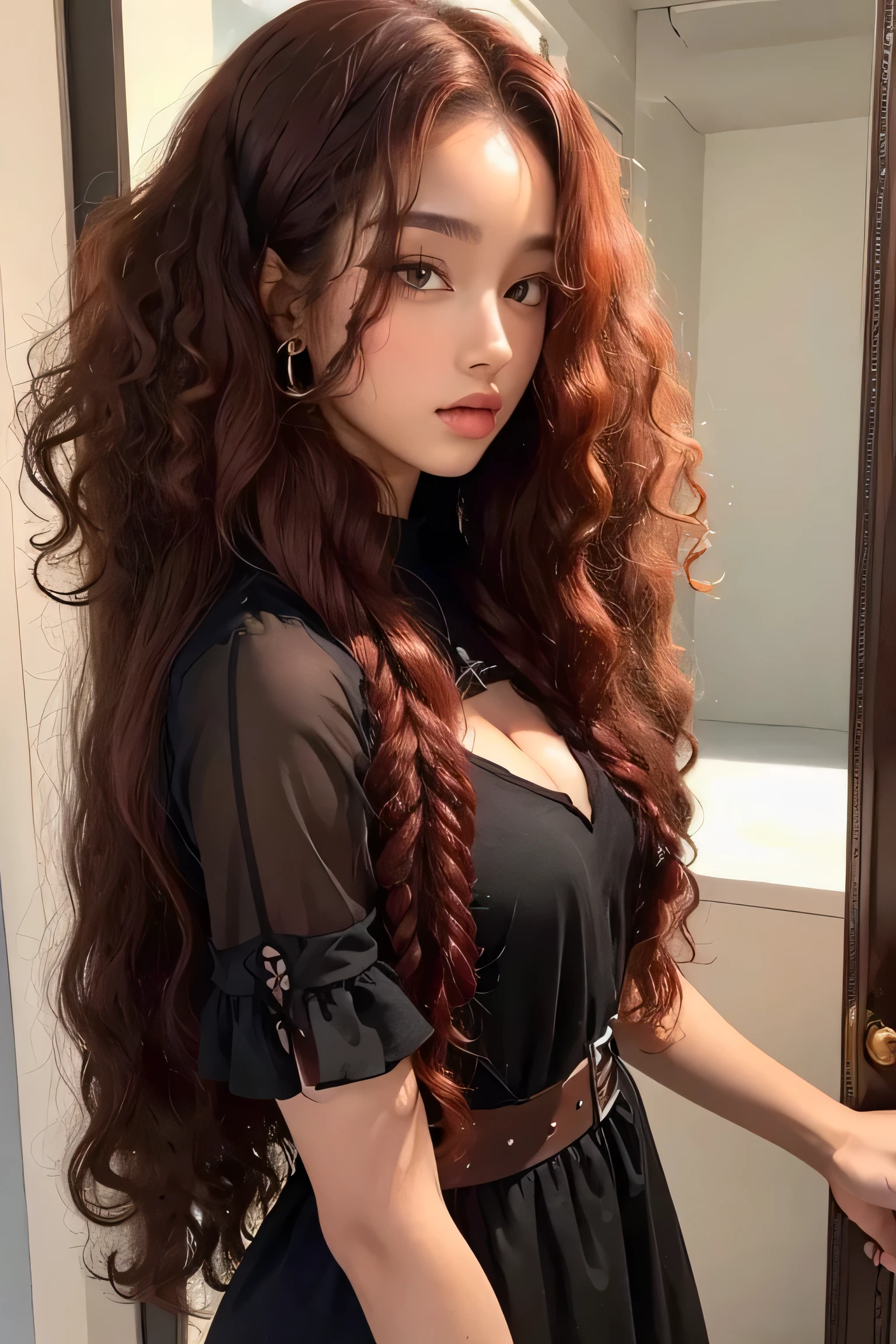 masterpiece, best quality, beautiful black and caucasian mixed 19 year old, brown skin female, long, frizzy, curly red hair, perfect face, half body, long hair, melanin, curly red hair