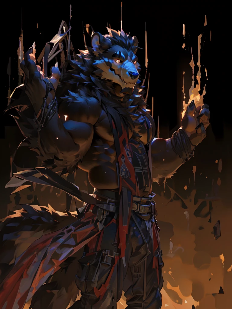 (by taran fiddler), (by darkgem:0.8), (by null-ghost), (by raccoon 21) masterpiece, solo, anthro, furry, furry male, skull-faces wolf, wolf, ((fluffy fur, tall, fluffy, furry body)), (ninja outfit, lion print, bull print), yellow eyes, long hair, black hair, wolf tail, ((white wolf skull face, dark brown body, black facial hair)), black sideburns, back long hair, detailed fluffy fur, detailed face, detailed eyes, pointy ears, no shirt, (furry pectorals:1.1),  full body, no shirt, collar, (by null-ghost,by raccoon21, masterpiece, high quality, hi res,8k HD), standing, close-view portrait, looking at viewer, night, fiery background outdoor, 4 fingers, one thumb