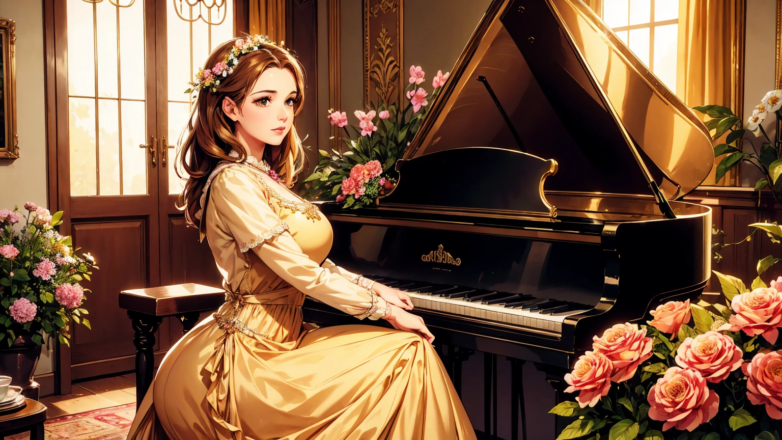 A beutiful realistic scene of a lady in a old fashioned dress; the background is large and vintage, a ancient house with a golden piano and a lot of flowers; masterpiece; perfect face;