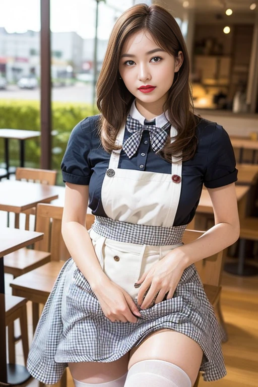 ooki masterpiece、Highest quality、Ultra-high resolution、(Photorealistic:1.6)、1 girl、(Long Hair:1.5)、(round face:1.3)、(Gingham check suspender apron:1.3)、(Plain blue high waist skirt:1.3)、(Apron skirt:1.2)、(White blouse:1.3)、(Double-breasted、Underbust:1.2)、Short sleeve、Button Gap、(Plain blue bow tie:1.2)、(Plump body:1.2)、(Smooth Skin:1.1)、Dynamic pose、(chest:1.2)、Cafe、restaurant、(Red lipstick)、Disheveled Hair、Spreading her legs、((Thighs))、