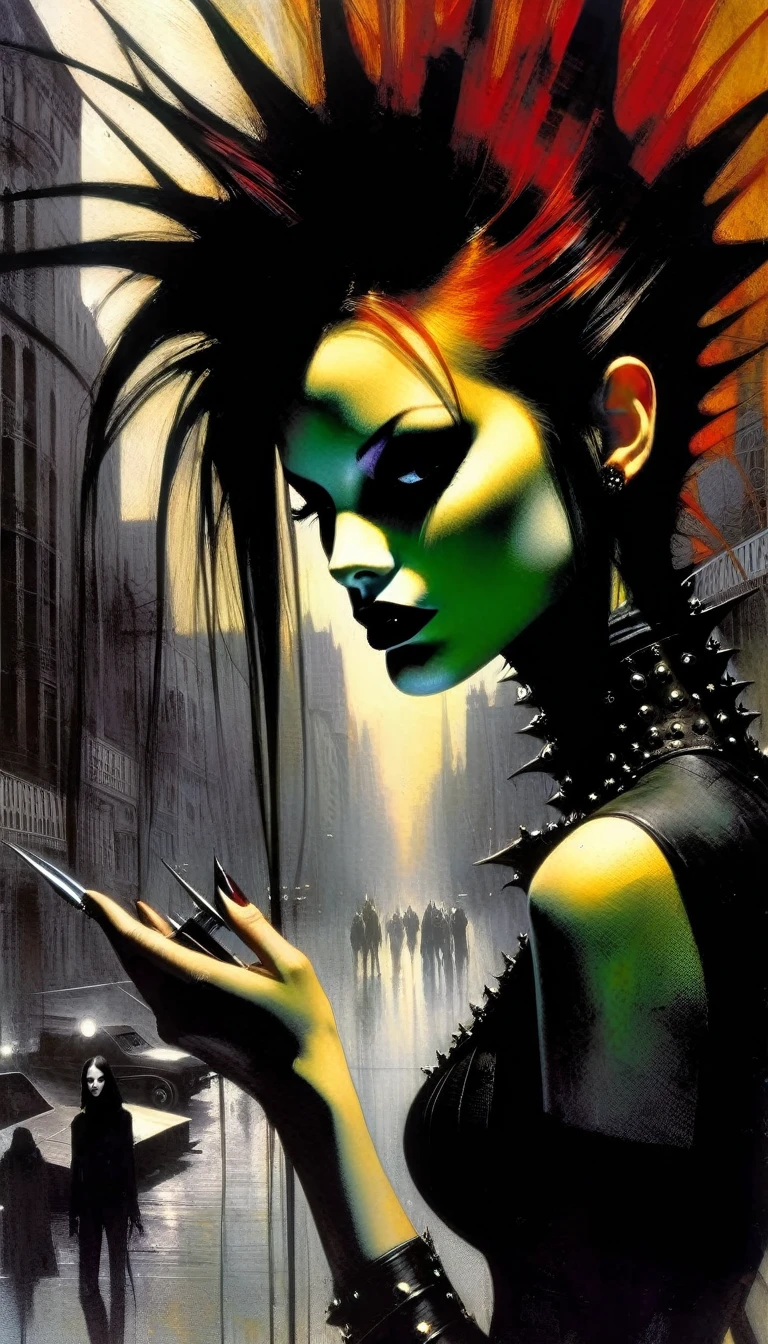 a sexy girl with a punk-gothic appearance and long hair, in the streets of the city of vampires:1.5 (art inspired by Bill Sienkiewicz, oil painting) black and white image (best quality,4k,8k,highres,masterpiece:1.2),ultra-detailed,(realistic,photorealistic,photo-realistic:1.37),intricate details,vivid colors,sharp focus,professional,Dave McKean artwork, oil touch of surrealism,oil painting style