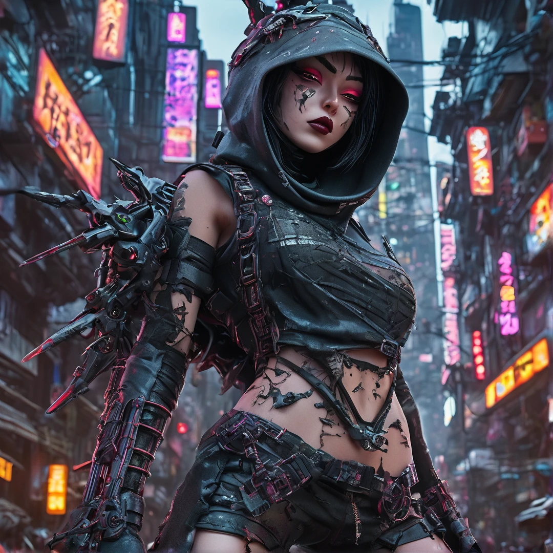 Heavy metal ninja cyber girl post-apocalyptic city, insanely detailed real scene, masterpiece quality, real color, female ghoul vampire, erotic and sensual, 8k resolution🔥, Miki Asai Macro photography, close-up, hyper detailed, trending on artstation, sharp focus, studio photo, intricate details, highly detailed, by greg rutkowski