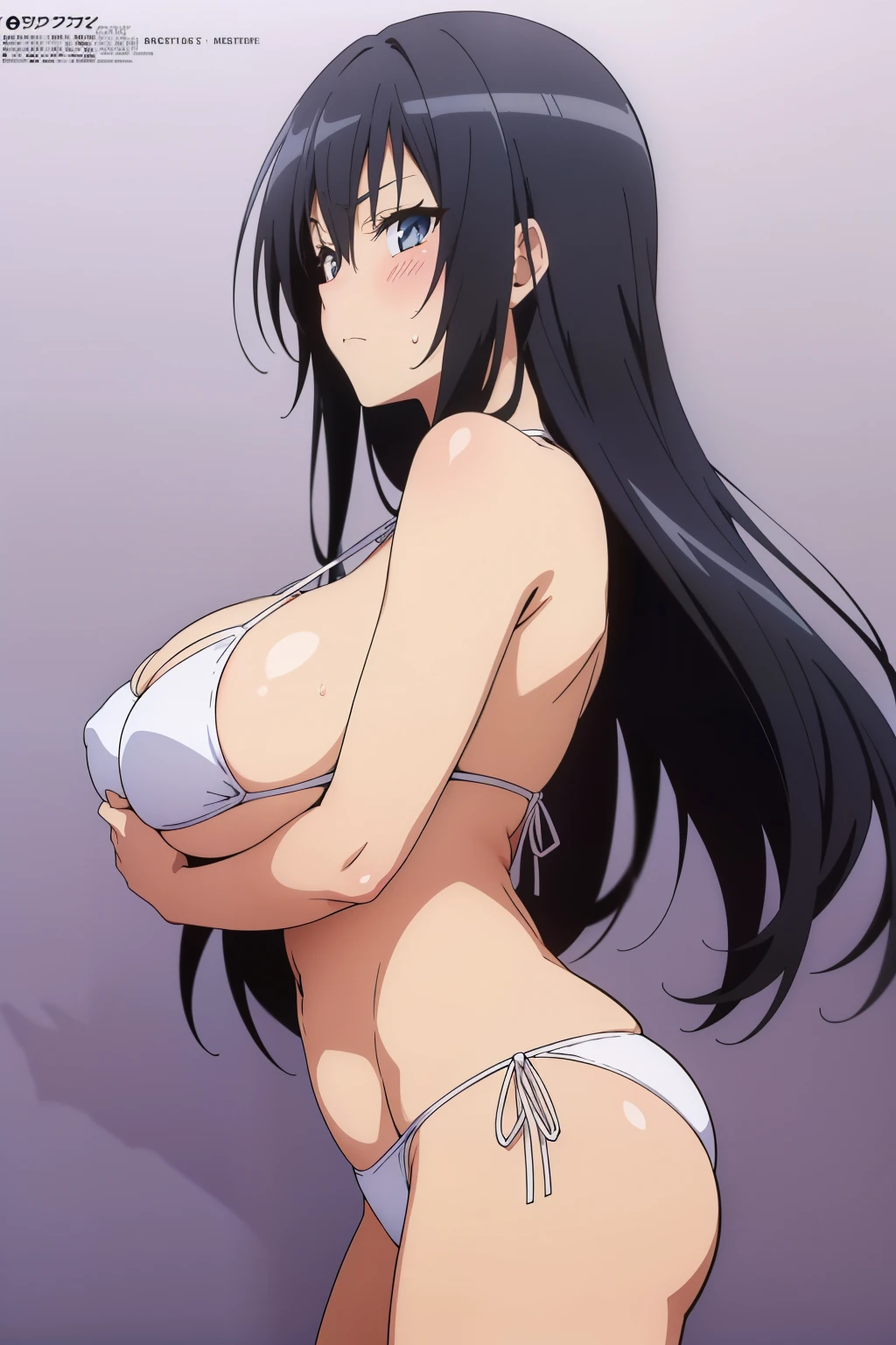 (masutepiece, Best Quality, High resolution, anime colours, megami magazine:1.2, anime poster style, anime keyvisual, sharp, 8k, photorealistic), from side, (beautiful eyes:1.5, beautiful face), Kotegawa Yui, 1girl, solo, Cute, blush, (Long Black Hair), (sagging huge breasts, sideboob, underboob), (white bikini), cleavage, (cowboy shot, standing), (Perfect detailed Anatomy, beautiful detailed hair, perfect detailed body:1.2, shiny skin), (thick outline, Beautiful outlines, black outlines), simple background,