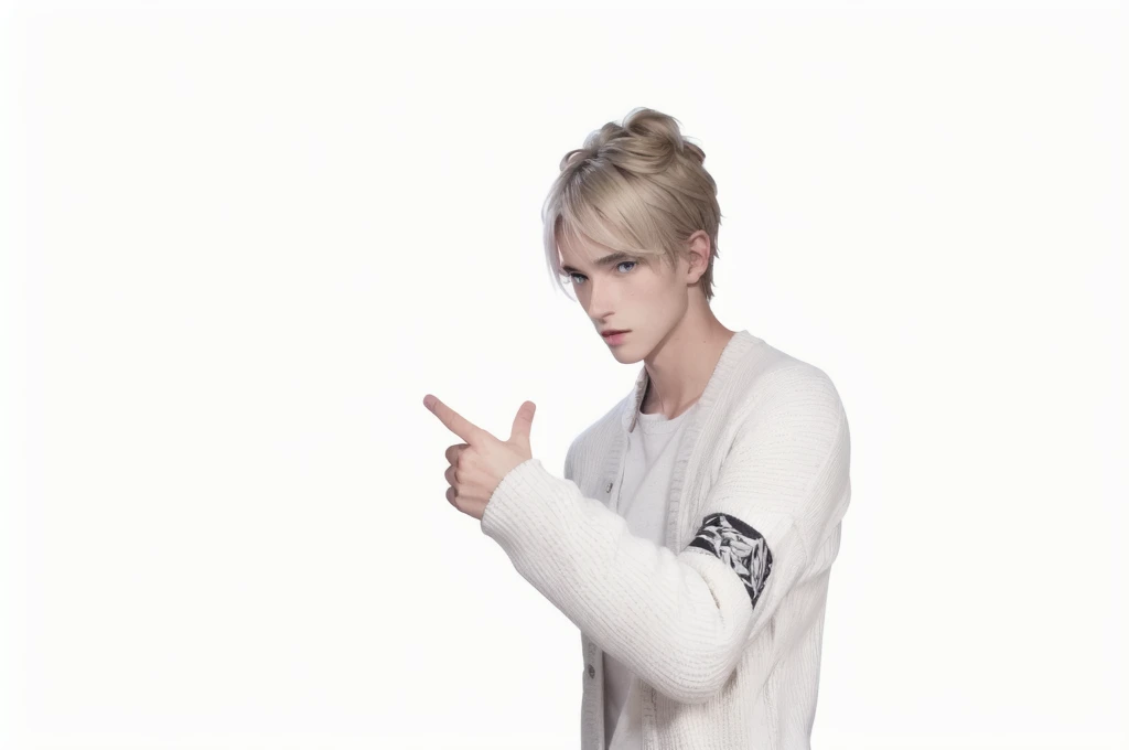a tall young man with grey-blonde hair, blue eyes, and fair skin.