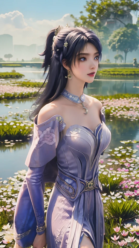 Girl floating on lotus lake, The lake is full of lotus, Colorful lotus, Water sparkling, girl in white dress, Holding Lotus, She has blue hair, blue eyes, double eyelashes, Eyeshadow, Pink lipstick, nose, clavicle, High-quality images, Masterpiece quality, Ultra-detailed images, Super detailed images, 32k, 1080p, Clear images, high resolution,