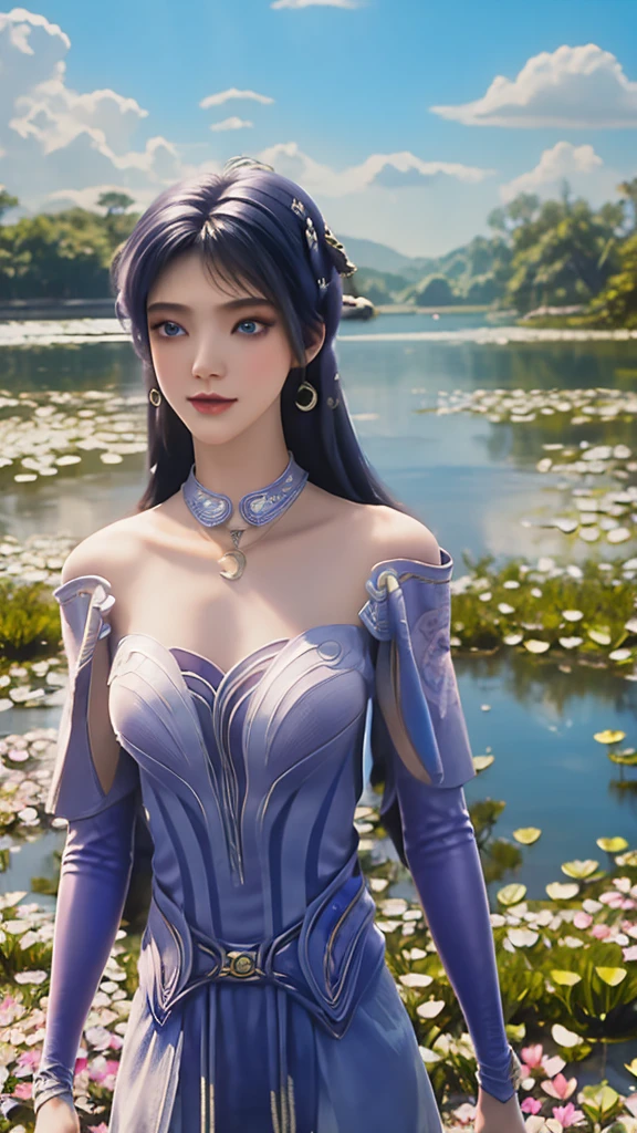 Girl floating on lotus lake, The lake is full of lotus, Colorful lotus, Water sparkling, girl in white dress, Holding Lotus, She has blue hair, blue eyes, double eyelashes, Eyeshadow, Pink lipstick, nose, clavicle, High-quality images, Masterpiece quality, Ultra-detailed images, Super detailed images, 32k, 1080p, Clear images, high resolution,