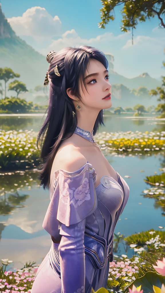 Girl floating on lotus lake, The lake is full of lotus, Colorful lotus, Water sparkling, girl in white dress, Holding Lotus, She has blue hair, blue eyes, double eyelashes, Eyeshadow, Pink lipstick, nose, clavicle, High-quality images, Masterpiece quality, Ultra-detailed images, Super detailed images, 32k, 1080p, Clear images, high resolution, 