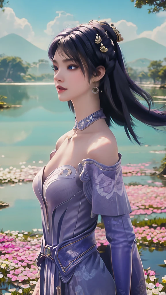 Girl floating on lotus lake, The lake is full of lotus, Colorful lotus, Water sparkling, girl in white dress, Holding Lotus, She has blue hair, blue eyes, double eyelashes, Eyeshadow, Pink lipstick, nose, clavicle, High-quality images, Masterpiece quality, Ultra-detailed images, Super detailed images, 32k, 1080p, Clear images, high resolution, 