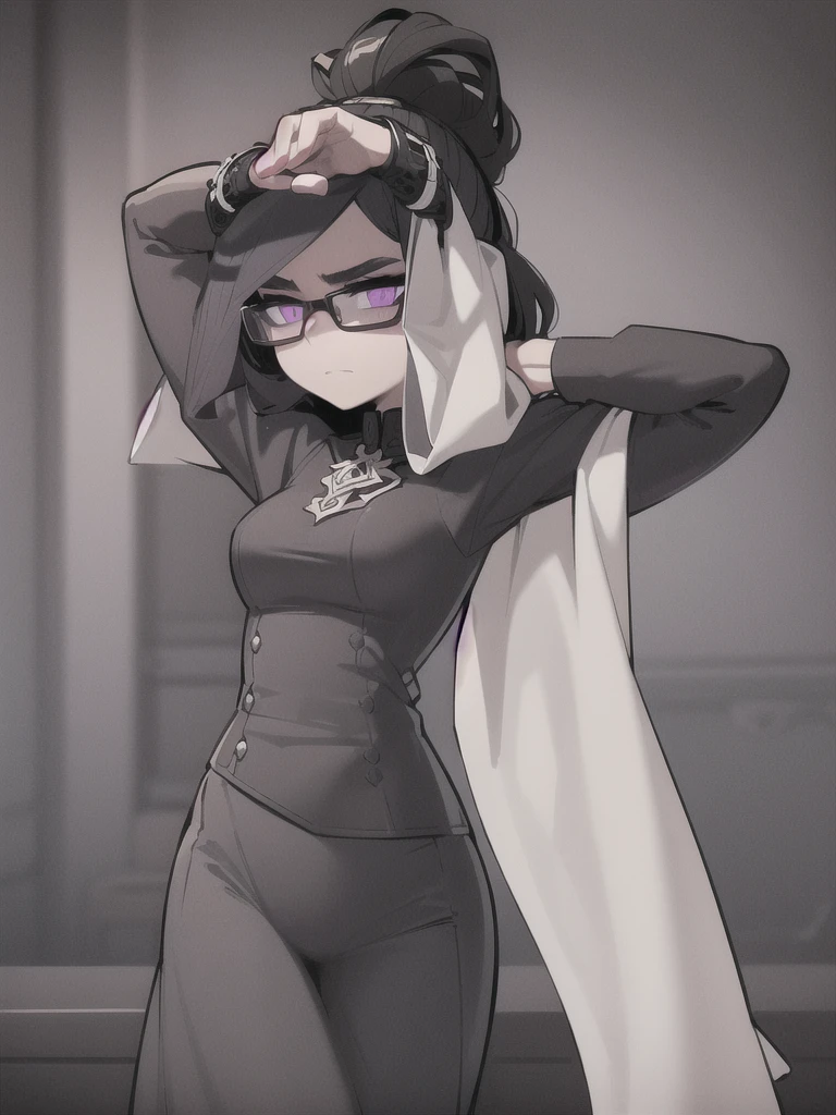 ((1girl:1.2),highly detailed girl with purple eyes,black framed glasses,short dark hair,wearing a black shirt,in a grey room with a black bed and sheets),(best quality,8k,highres,detailed,photorealistic,studio lighting),(gothic,moody,dramatic lighting),(dark,cinematic,dramatic)