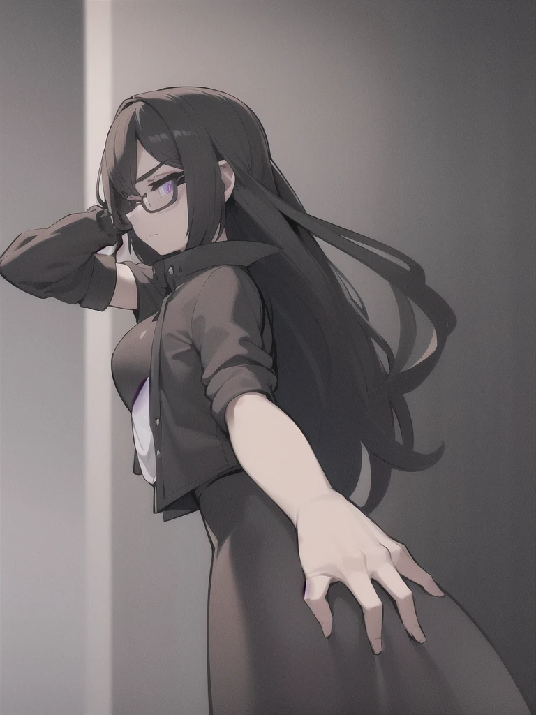 ((1girl:1.2),highly detailed girl with purple eyes,black framed glasses,short dark hair,wearing a black shirt,in a grey room with a black bed and sheets),(best quality,8k,highres,detailed,photorealistic,studio lighting),(gothic,moody,dramatic lighting),(dark,cinematic,dramatic)