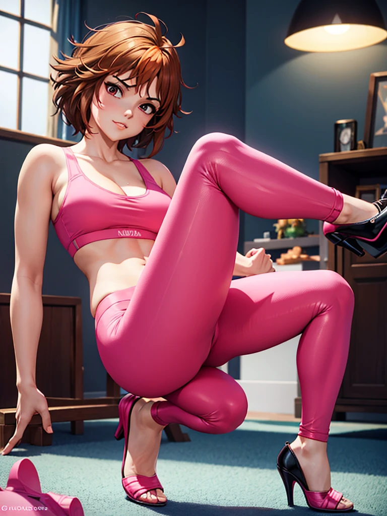 merula, sexy pose, pink high heels, sexy sport bra, yoga adidas pants, full body, thighs