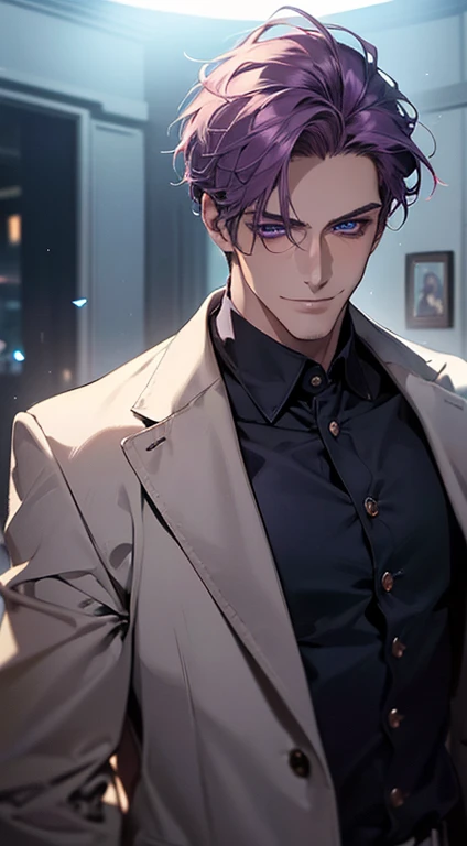 (best quality, masterpiece, 8K, photorealistic, cinematic lighting, 1:4 hdr image, ultra detailed, beautiful image), a mature man, 35 years very handsome, ((cold expression smile in love)), short purple hair, blue eyes, face perfect without mistakes, ((buttoning his jacket, CEO)), smile.