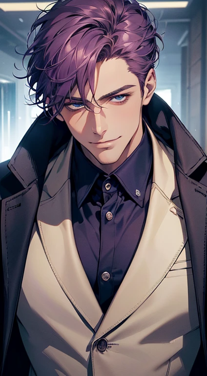 (best quality, masterpiece, 8K, photorealistic, cinematic lighting, 1:4 hdr image, ultra detailed, beautiful image), a mature man, 35 years very handsome, ((cold expression smile in love)), short purple hair, blue eyes, face perfect without mistakes, ((buttoning his jacket, CEO)), smile.
