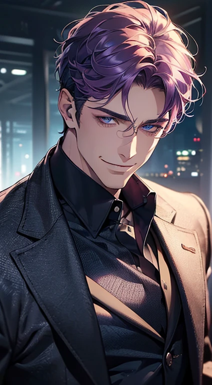 (best quality, masterpiece, 8K, photorealistic, cinematic lighting, 1:4 hdr image, ultra detailed, beautiful image), a mature man, 35 years very handsome, ((cold expression smile in love)), short purple hair, blue eyes, face perfect without mistakes, ((buttoning his jacket, CEO)), smile.