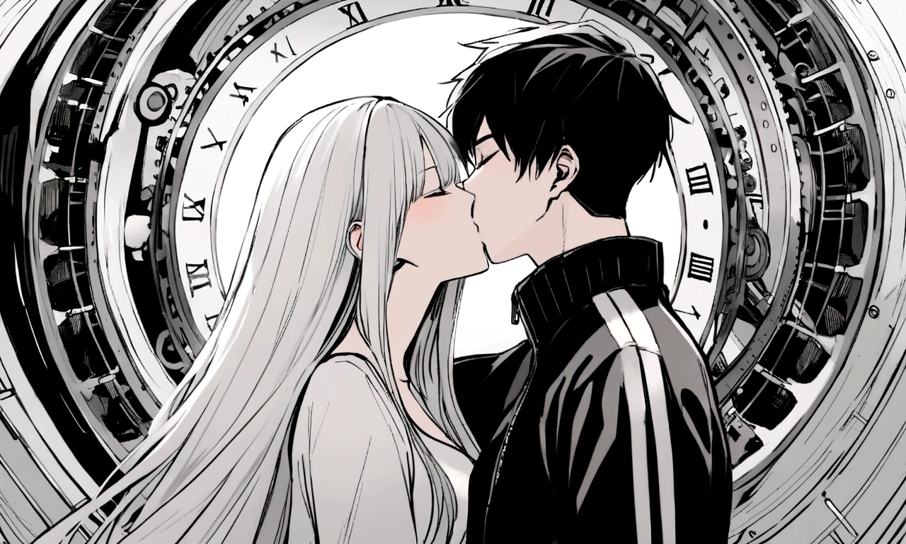 black and white drawing, giant clockwork background, 26-year-old male on the left 1, black neat hair, a  face, wearing gray tracksuit, Beautiful woman on the right 1, white long straight hair, white hair, wearing a white dress, 서로에게 kiss하다, kiss