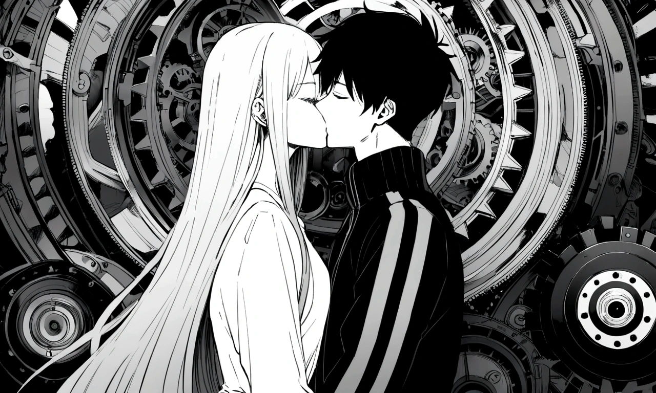 black and white drawing, giant clockwork background, 26-year-old male on the left 1, black neat hair, a lonely face, wearing gray tracksuit, Beautiful woman on the right 1, white long straight hair, white hair, wearing a white dress, 서로에게 kiss하다, kiss