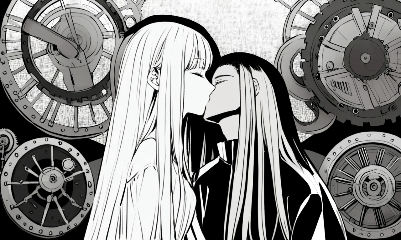 black and white drawing, giant clockwork background, 26-year-old male on the left 1, black neat hair, a lonely face, wearing gray tracksuit, Beautiful woman on the right 1, white long straight hair, white hair, wearing a white dress, 서로에게 kiss하다, kiss
