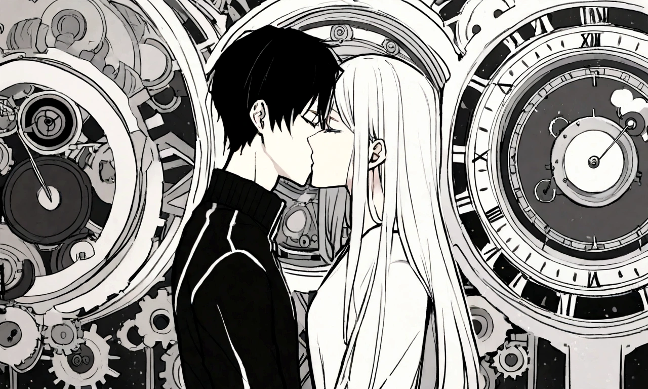 black and white drawing, giant clockwork background, 26-year-old male on the left 1, black neat hair, a lonely face, wearing gray tracksuit, Beautiful woman on the right 1, white long straight hair, white hair, wearing a white dress, 서로에게 kiss하다, kiss