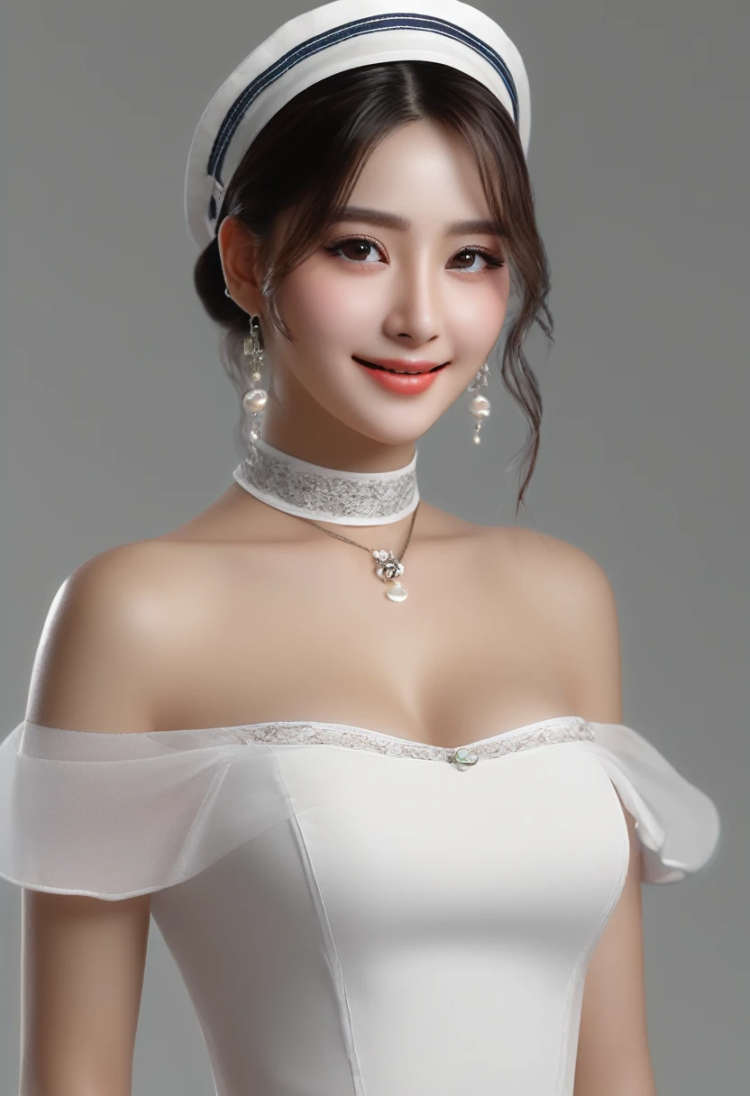 ruanyi0124, choker, ID card, correa, Transparent, Nurse, Nurse cap, white bra, garter straps, White dress, elbow gloves, Jasmine 1Girl, , Alone, looking at the viewer, SMILE, jewelry, session, whole body, flower, arete, off the shoulder, make up (realist:1.2), (realism), (Masterpiece:1.2), (Best Quality), (ultra detailed), (8k, 4k, intricate),(85mm),light particles, Turning on, (Very detailed:1.2),(detailed face:1.2), (Gradients), showy,(detailed eyes:1.2)(detailed background),detailed landscape, (dynamic angle:1.2), (third party rule_composition:1.3), (Line of action:1.2)