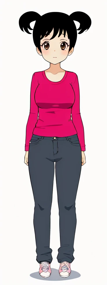 a cartoon girl in a pink shirt and jeans standing, female full body, full - body - front - shot, full body details, single character full body, full body female, full body illustration, full body picture, full body portrait, female outfit, anime full body illustration, fullbody portrait, realistically proportioned body, full body portrait of a short!