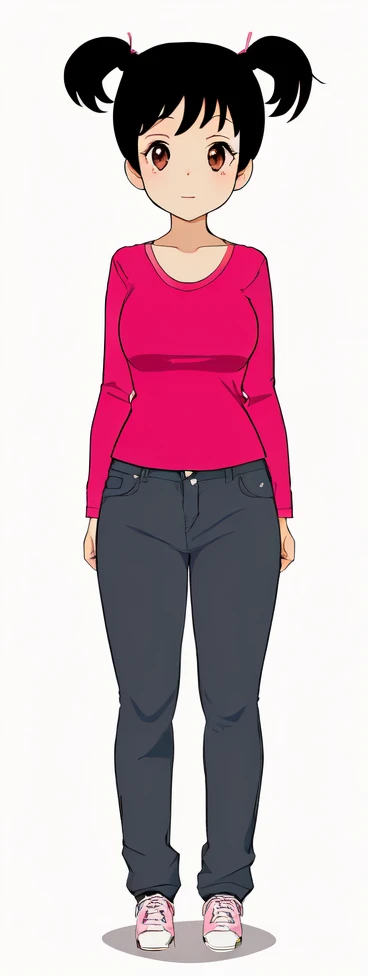 a cartoon girl in a pink shirt and jeans standing, female full body, full - body - front - shot, full body details, single character full body, full body female, full body illustration, full body picture, full body portrait, female outfit, anime full body illustration, fullbody portrait, realistically proportioned body, full body portrait of a short!