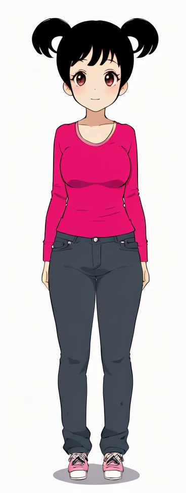 a cartoon girl in a pink shirt and jeans standing, female full body, full - body - front - shot, full body details, single character full body, full body female, full body illustration, full body picture, full body portrait, female outfit, anime full body illustration, fullbody portrait, realistically proportioned body, full body portrait of a short!