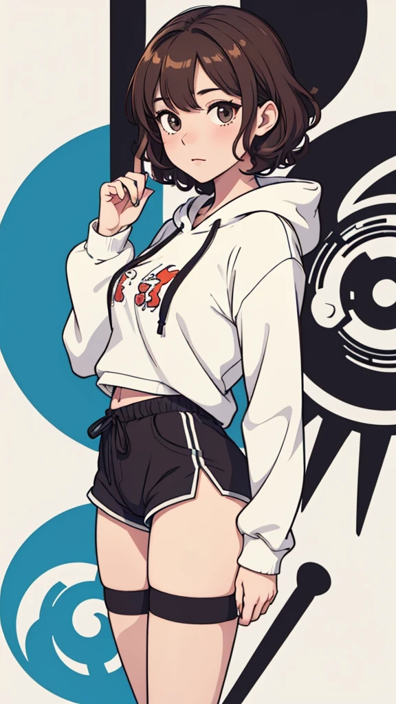 (((masterpiece, best quality, ultra highres, 1 girl, solo, no background))), super detailed skin and face and eyes and finger, beautiful japanese woman, small breasts:1.5, skinny, light brown hair, white background, very short curly hair, (an illustration of girl), Knee shot, Generate with illustrations, Various expressions, Various poses, Please draw the entire character within the frame, ensuring that the head, arms, and legs are not cut off. The background should be simple, with the character positioned centrally, outline, anime, hoodie, curly hair, under shorts,
