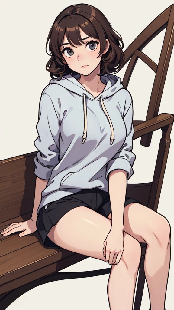 (((masterpiece, best quality, ultra highres, 1 girl, solo, no background))), super detailed skin and face and eyes and finger, beautiful japanese woman, small breasts:1.5, skinny, light brown hair, white background, very short curly hair, (an illustration of girl), Knee shot, Generate with illustrations, Various expressions, Various poses, Please draw the entire character within the frame, ensuring that the head, arms, and legs are not cut off. The background should be simple, with the character positioned centrally, outline, anime, hoodie, curly hair, under shorts,