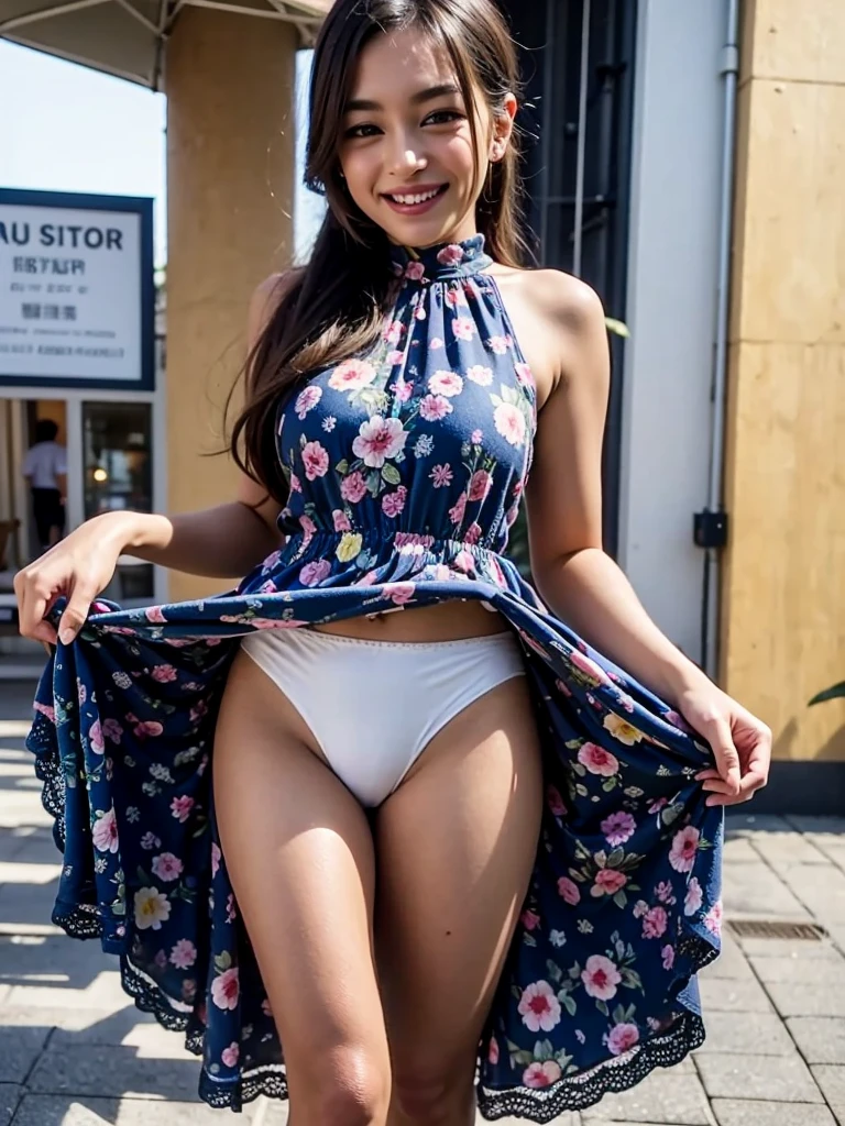 One Girl、((Navy blue floral dress))、Narrow waist、fun、Embarrassed smile、sit、(Eyes are sagging eyes)、Viewer's perspective、Reaching out towards the viewer、Backpack on your back、((Pedestrian precinct))、
fun、(White lace panties are visible)、(Big eyes)、Showing off panties、ponytail、(Skirt lift:1.3), (White panties:1.3)、(Skirt rolled up:1.3)、
Lift your skirt while standing、スカートを手でまくってShowing off panties、