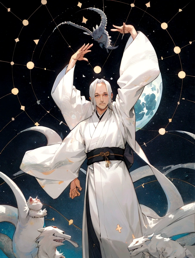 full-length, man, 40 years old, eight-armed creature, three eyes, yoga, white kimono, matrix, constellations