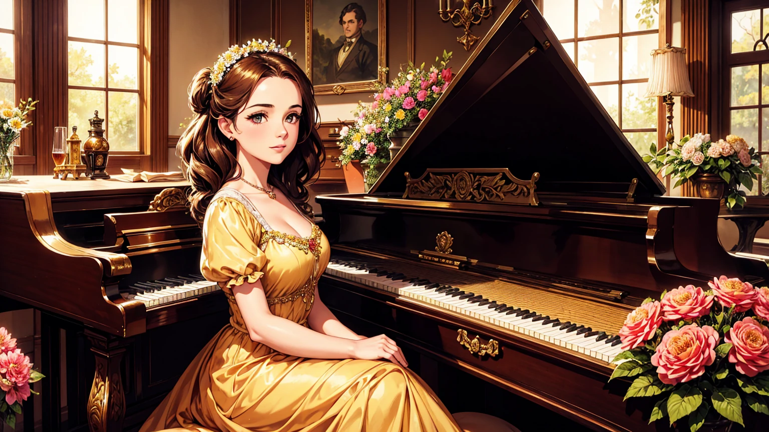 A beutiful realistic scene of a lady in a old fashioned dress; the background is large and vintage, a ancient house with a golden piano and a lot of flowers; masterpiece; perfect face; 