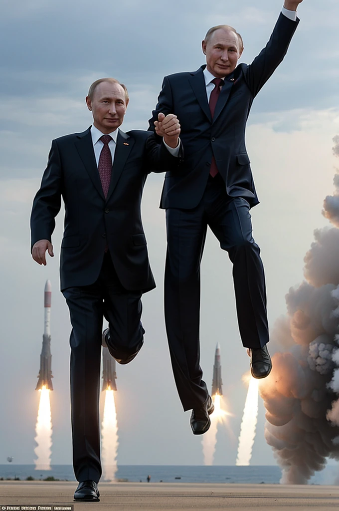 Kim JungUn and Vladimir Putin They are both jumping holding hands and happy with missiles launching in the background