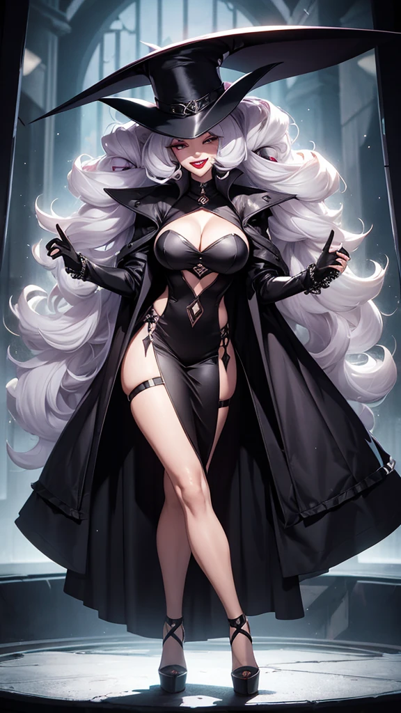 Woman, big hair, Hat, sinister grin, full body pose, villain, lipstick