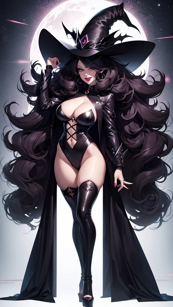 Woman, big hair, Hat, sinister grin, full body pose, villain, lipstick 