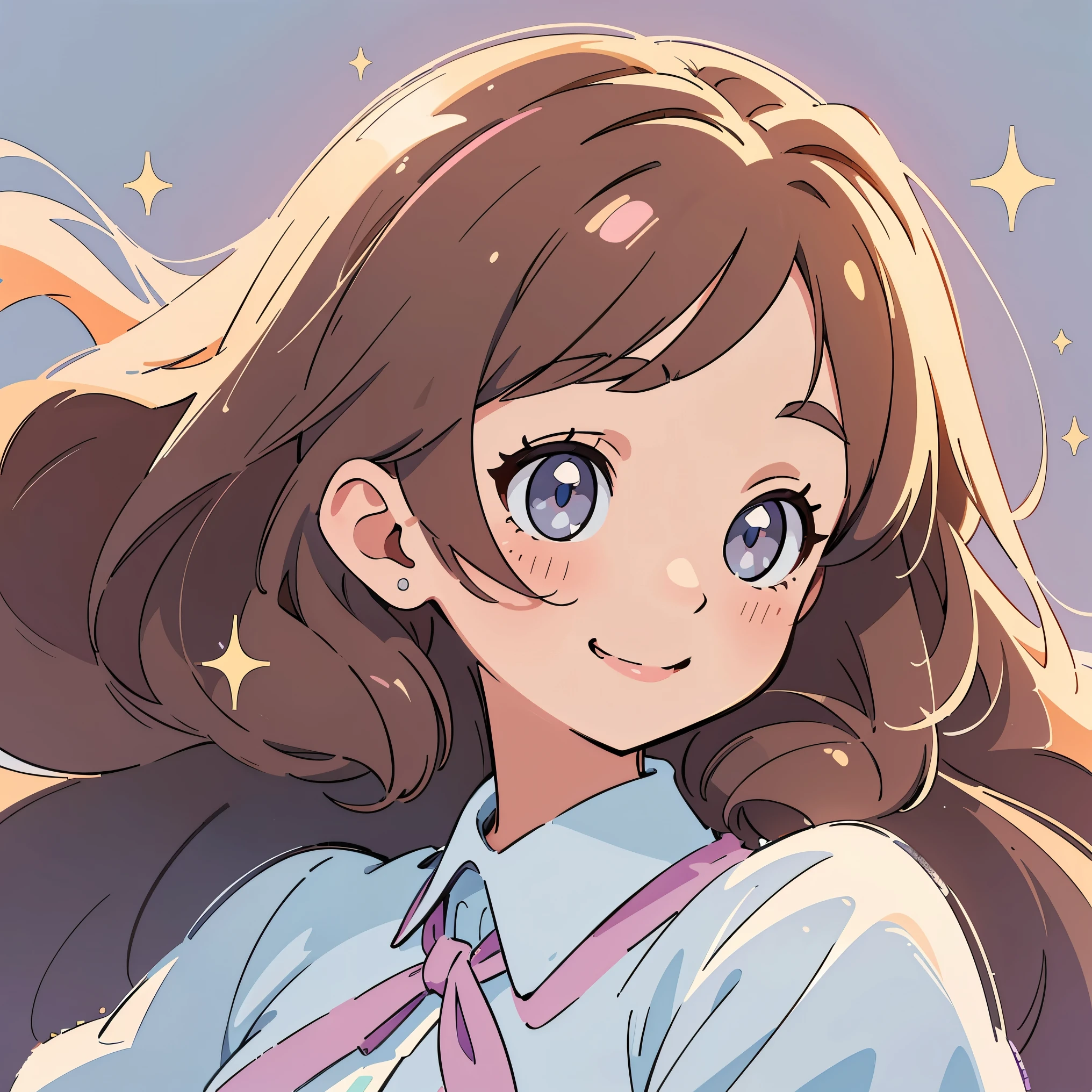 ((best quality)), ((masterpiece)), pastel colours, icon, profile picture, cute girl, lovely, headshot, looking at viewer, perfect illustration, natural hair color, pretty anime girl, flowing hair, sparkling eyes, perfect face, smile, dynamic pose, long brown hair, grey eyes