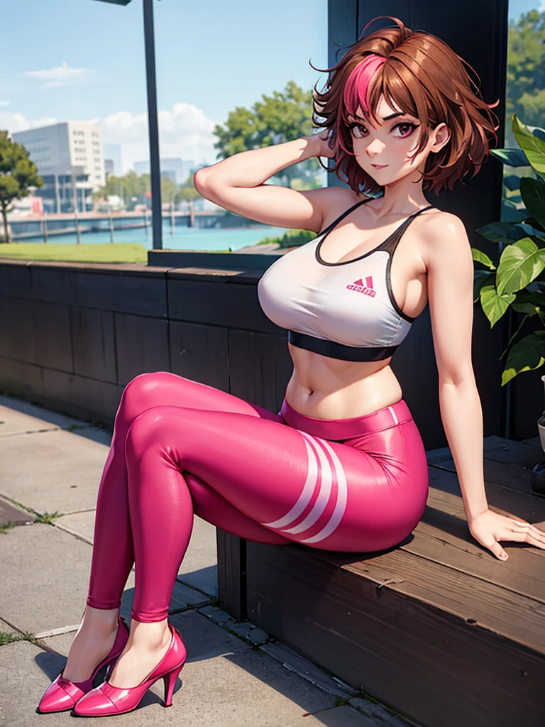 merula, sexy pose, pink high heels, sexy sport bra, yoga adidas pants, full body, thighs, sitting pose