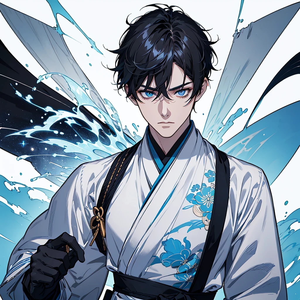 ((Genshin impact style)) ((face portrait))(masterpiece), (high quality), (pretty boy face), 1 boy, 16 years, masculine and tall body, white skin, ((MEDIUM black hair)), ((light blue eyes)), ((calm and paeceful expression)), designs from East Asian, Game character costume design, Japanese clothing style with a dark blue, white and black color palette, his is holding a book ((White background, mathematical, astronomical and blue details)), ((portrait panting)) intricate details, ultra high resolutio, HD,8k,clear facial features,clear details,beautiful eyes,beautiful face
