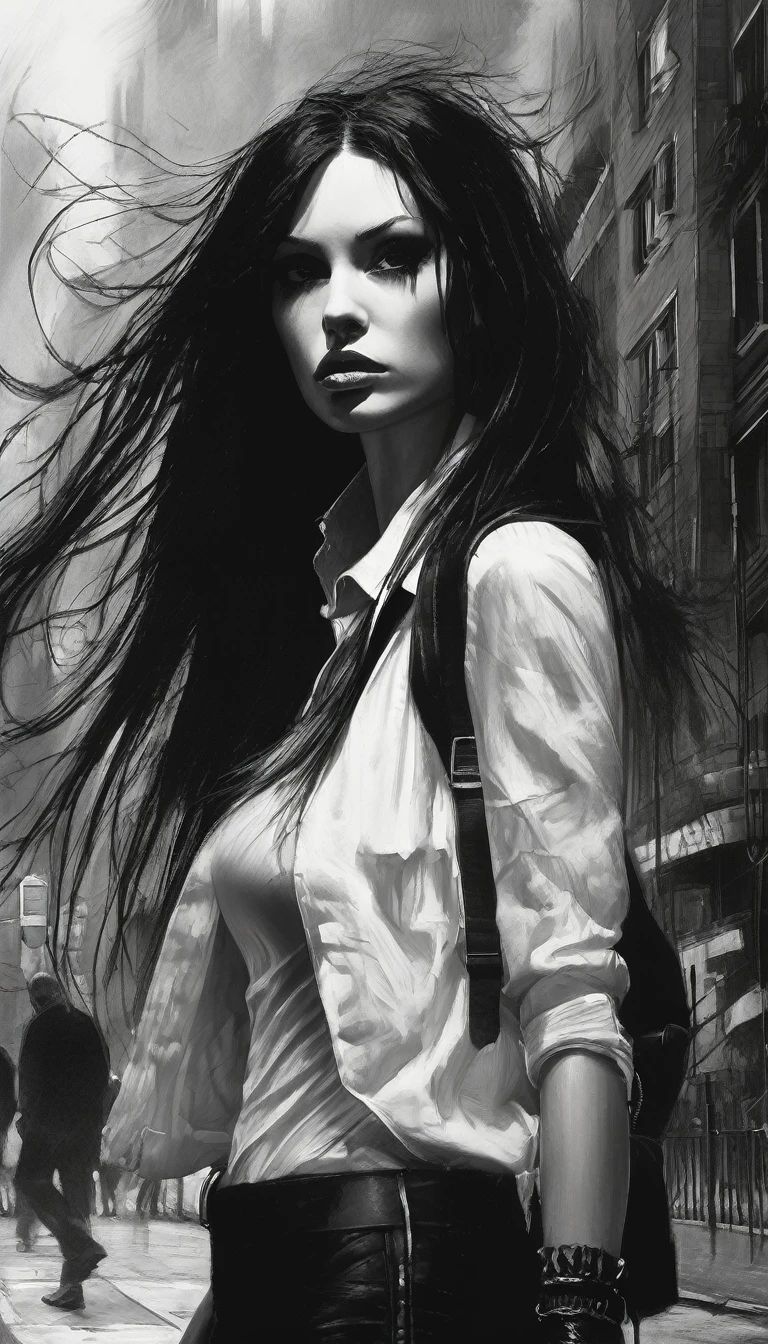 a sexy girl with a punk-gothic appearance and long hair, in the streets of the city of vampires:1.5 (art inspired by Bill Sienkiewicz, oil painting) black and white image (best quality,4k,8k,highres,masterpiece:1.2),ultra-detailed,(realistic,photorealistic,photo-realistic:1.37),intricate details,vivid colors,sharp focus,professional,Dave McKean artwork, oil touch of surrealism,oil painting style
