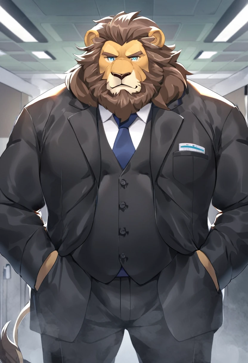 lion,personification,Mature male,Decadent strong man,Beard,Cold expression,Blue pupils,Brown eyebrows,Black suit suit,Hands in pockets,The Age of Steam,Hospital Office。