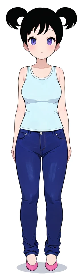 a cartoon girl with a white shirt and blue pants, realistically proportioned body, full body details, centered full body rear-shot, full - body - front - shot, female full body, full body portrait of a short!, inverted triangle body type, thin-waist, ( ( ( wearing jeans ) ) ), full body picture, upper body avatar